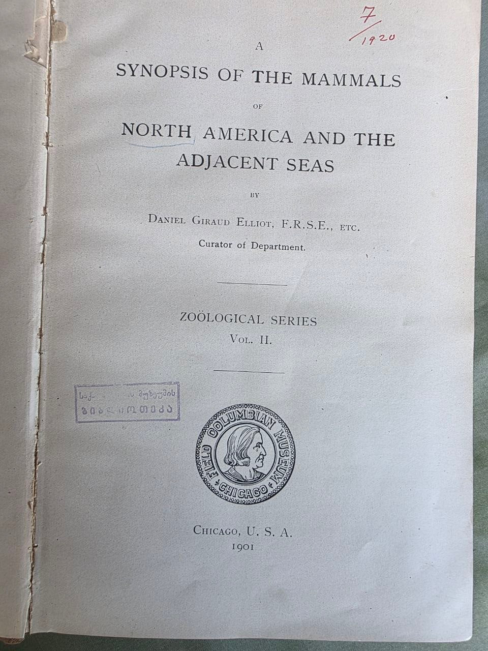 Daniel Giraud Elliot – A Synopsis of the Mammals of North America and the Adjacent Seas (1901) First Edition